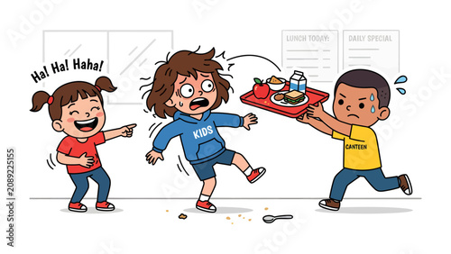 Obraz na plátně Bullying in the Cafeteria: A child trips and spills food while two other children laugh, highlighting the cruelty of schoolyard bullying