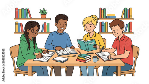 Tableau sur toile Study Group Collaboration: Four diverse students gather around a table in a library, engrossed in a study session, surrounded by bookshelves filled with knowledge