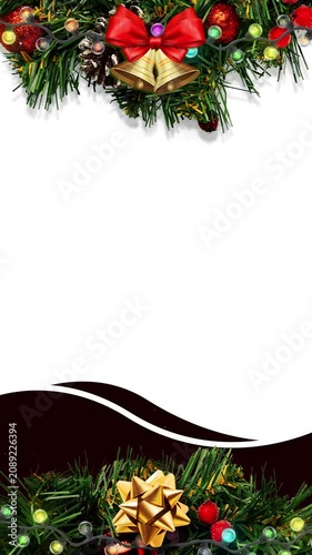 Christmas background reel. Holiday festive ornaments, sparkling bokeh, and fir branches. Copy Space.
