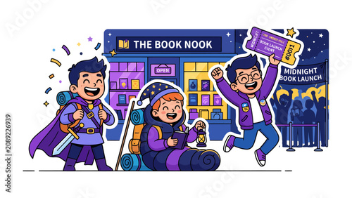 Fotografía Book Launch Adventure: Three excited children, dressed as fantasy characters, celebrate the midnight book launch at The Book Nook, holding a ticket and a sword, full of anticipation and joy