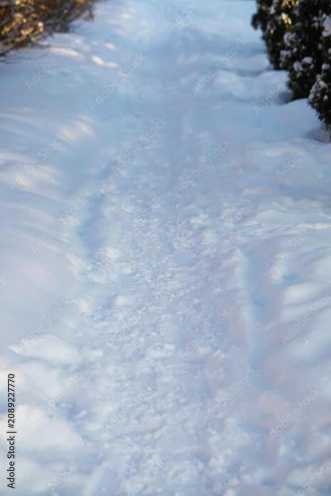 Naklejka premium Snowy Winter Path in Forest with Deep Footprints, Illuminated by Soft Sunlight