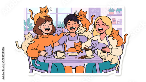 Cat Cafe Bliss: Three joyful friends share a delightful moment surrounded by a multitude of playful cats in a cozy cat cafe, their laughter echoing with pure happiness and warmth.