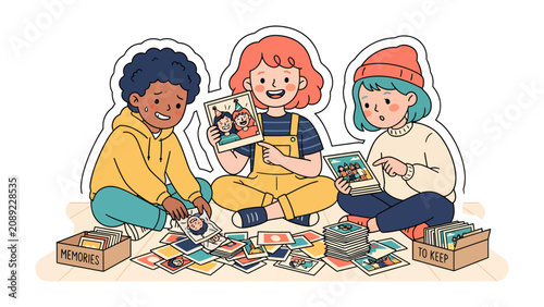 Fotografija Reminiscing Over Photos: Three children sit on the floor, surrounded by a collection of photographs and memory boxes, engrossed in reliving cherished moments