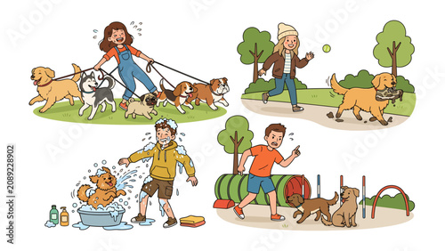 Obraz na płótnie Dog Lover's Day: A compilation of four vibrant illustrations depicting the joys and challenges of dog ownership, from chaotic walks and playful park outings to bath time and obedience training
