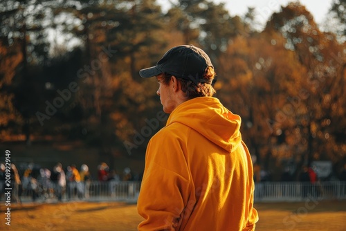 Young man in a vibrant orange hoodie and black baseball cap standing outdoors in an autumn park