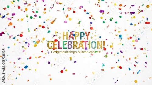 Colorful confetti falls over a festive greeting on white background