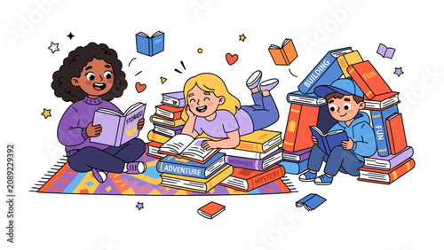 Fotografía Children's Book Fort: Young children are engrossed in reading books, building a creative fort out of them, sparking imagination and a love for literature in a whimsical setting