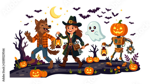 Foto Halloween Fun: A werewolf, a witch, and a robot with a pumpkin head, carrying lanterns, walk together through a spooky forest filled with bats and pumpkins under a crescent moon