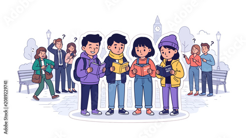 Fotografie Youthful Explorers in the City: A group of young friends navigates an urban park, engrossed in maps, while others observe with curiosity