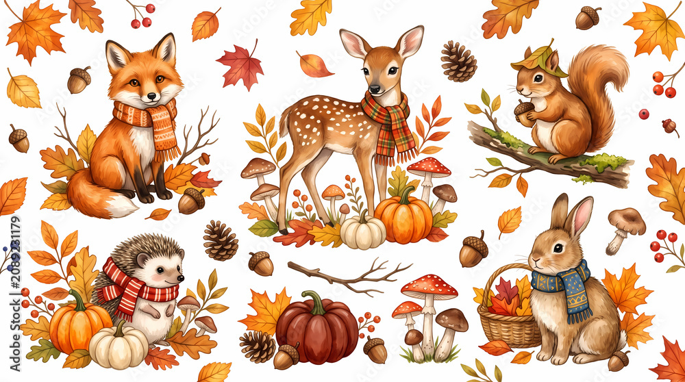 Naklejka premium Watercolor Autumn Woodland Animals Collection with Fall Leaves and Pumpkins