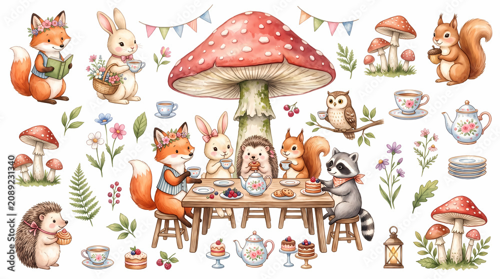 Fototapeta premium Watercolor Woodland Animals Tea Party Illustration with Cute Forest Friends