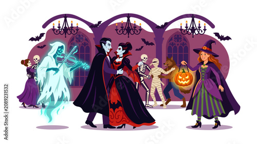 Foto Halloween Ball: A gothic ballroom transforms into a macabre dance floor as vampires, ghosts, witches, and monsters revel in a spooky Halloween party, with haunting melodies filling the air