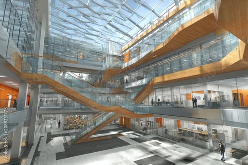 Modern university building interior with open corridors and abundant natural light