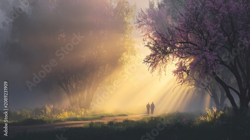 Asian Couple Walking Together on a Sunlit Forest Path Amidst Morning Mist
