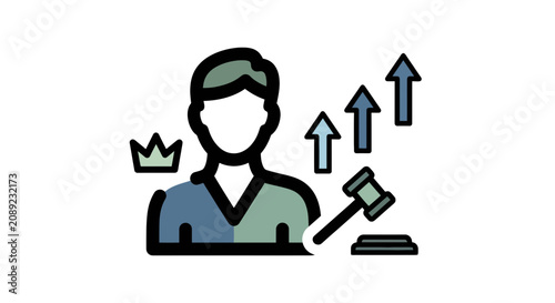 Illustration of judge with crown and arrows.