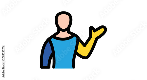 Cartoon person waving with raised arm illustration.