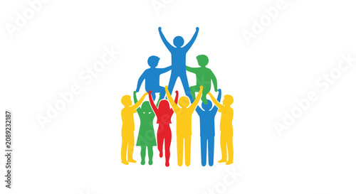 Colorful teamwork illustration with diverse figures supporting each other.