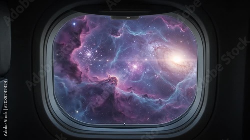 Vast cosmic spectacle through airplane window, vibrant nebula paints sky, revealing distant galaxies universe, window to endless space and stars, igniting wonder and curiosity for astronomy