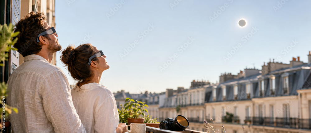 Obraz premium Solar eclipse viewing from European balcony, featuring two adults with glasses