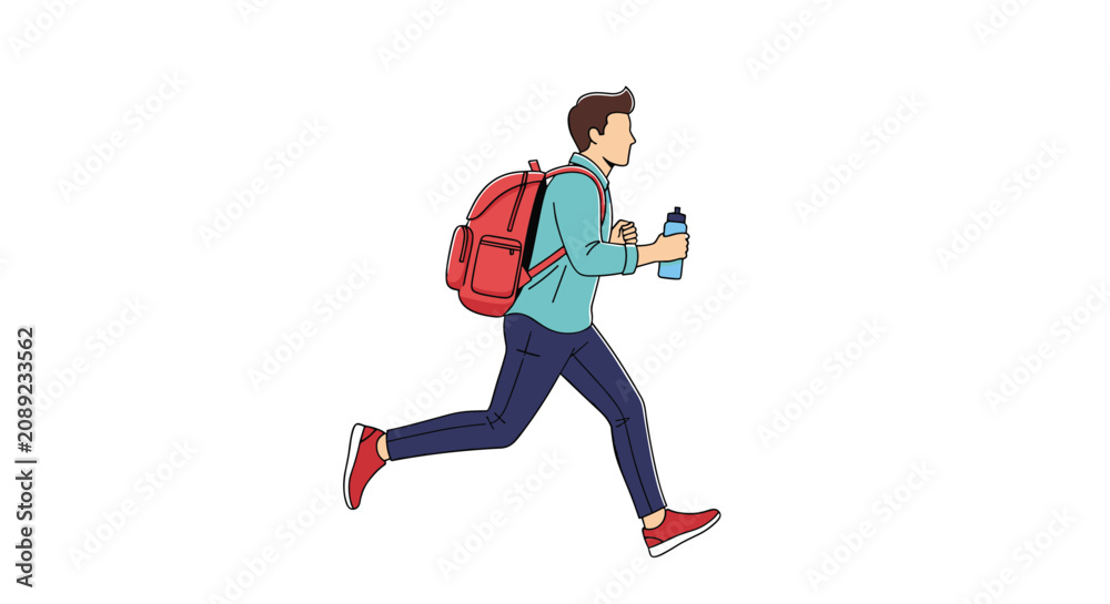 Fototapeta premium Man in blue shirt running with a red backpack and holding a water bottle isolated on a white background for hiking theme.