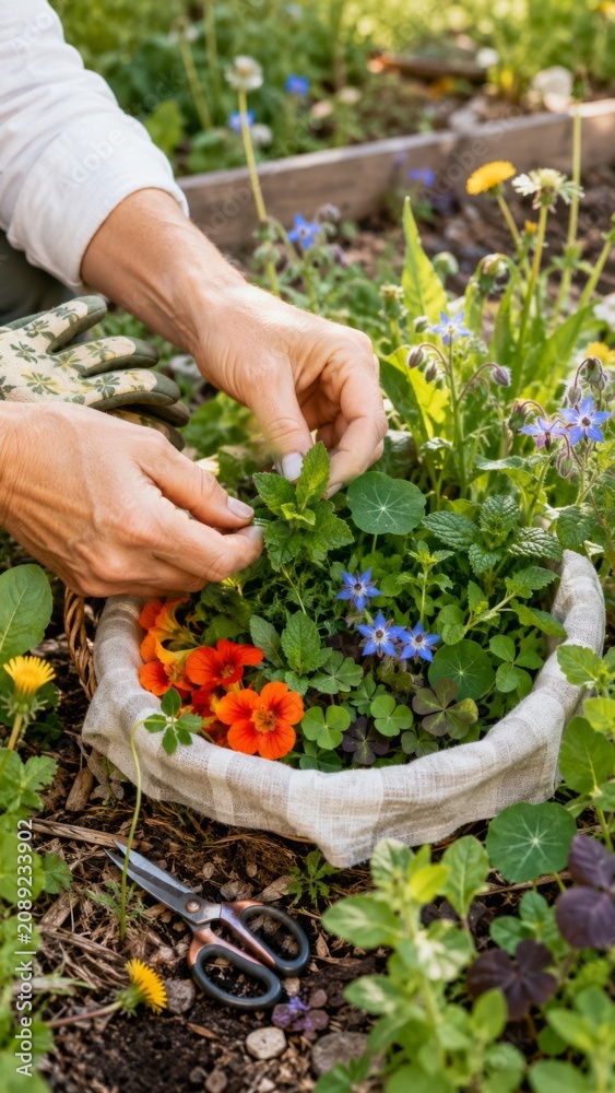 Fototapeta premium Hands harvesting herbs and flowers in vibrant foraging garden, background