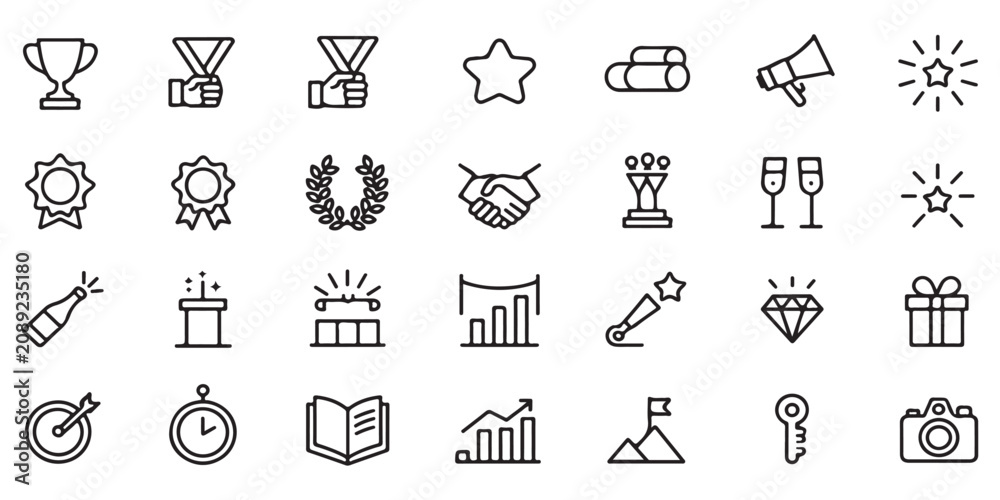 Fototapeta premium Set of achievement and business success line icons for marketing strategy and goal attainment concept on white background in vector.
