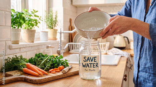 A person pours water from a ceramic bowl into a glass jar labeled 