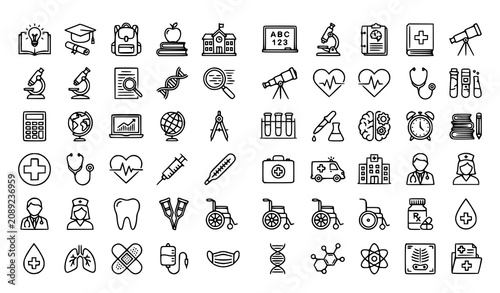 Billede på lærred Comprehensive collection of healthcare, medical and education line icons for sci