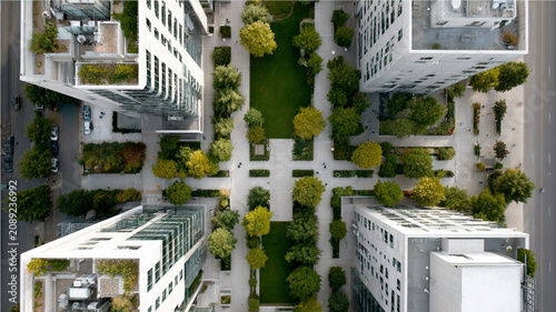 Modern office district aerial view, building, courtyard, garden, tree, urban plaza with geometric walkway and green space
