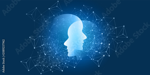 Futuristic vector illustration of two glowing white humanoid robot head silhouettes facing each other, surrounded by interconnected low-poly mesh nodes. Ideal for AI communication, network concepts.
