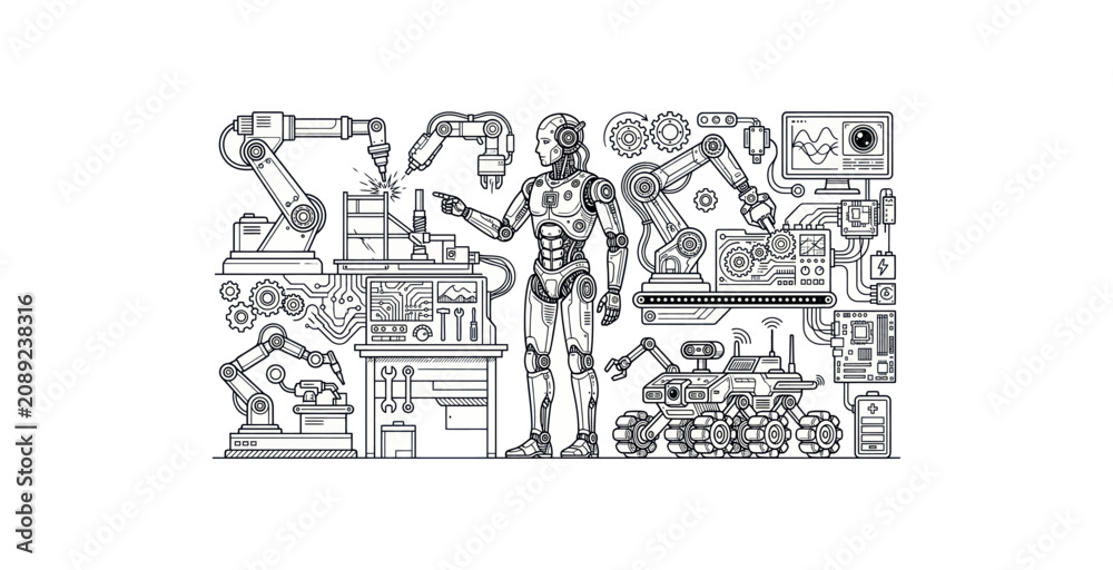 Obraz premium Industrial Robotics and Automation Vector Illustration