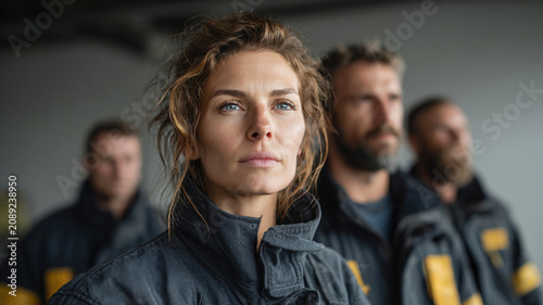 Firefighter team briefing woman uniform group station confident crew portrait before emergency response training