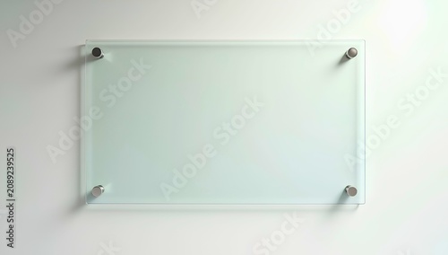 Artwork showing clean rectangular glass whiteboard secured at four corners with metallic brackets against light-colored wall background