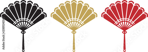 Three folding fans in black gold and red vector illustration
