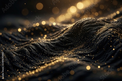 Golden Bokeh Sparkles on Black Sand Dunes Macro Closeup Texture With Shimmering Highlights And Depth
