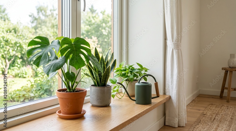 Fototapeta premium Potted houseplants and watering can on a sunny wooden window sill