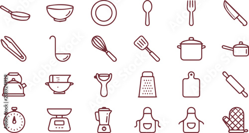 Foto Minimalist kitchen utensils vector icon set, essential cooking tools and culinar