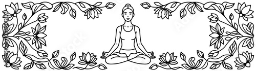Yoga woman sitting in lotus pose with floral frame