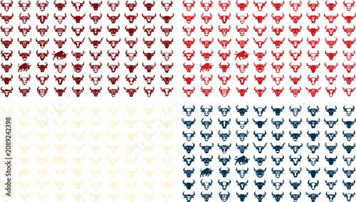 Obraz na płótnie Abstract bull skull vector pattern, a seamless texture of red and blue horned animal heads, perfect for western-themed designs or rustic backgrounds
