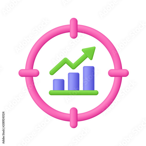 Growth chart inside pink aim target symbol. Achieving business goals, financial growth, KPI monitoring, success strategy, analytics and investment concept. 3d vector icon. Cartoon minimal style.