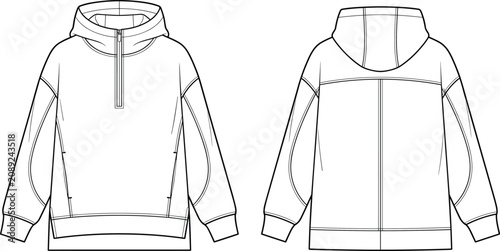 Oversized Half Zip Hooded Sweatshirt Technical Flat Sketch Vector with Front and Back Views Apparel CAD Template