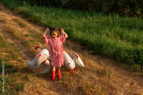 little girl in rubber boots is running around in the field in summer with chicken‑shaped balloons.
