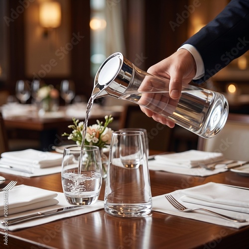 Modern clear glass water carafe with stainless steel lid on contemporary kitchen countertop