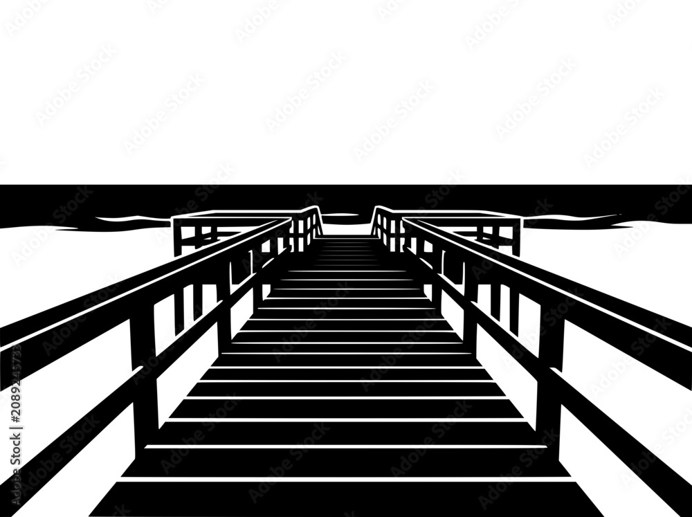 Obraz premium Black and White Minimalist Vector Illustration of a Wooden Boardwalk Pier Leading to the Sea