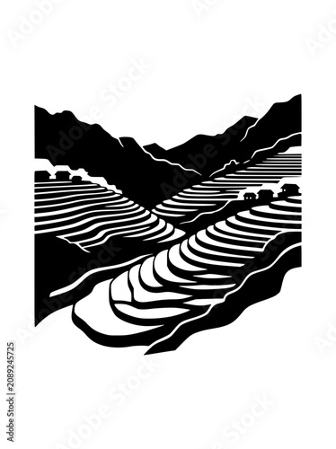 Black and white minimalist illustration of terraced rice fields in a mountain landscape
