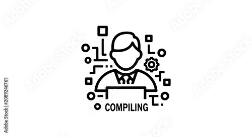 Tableau sur toile Programmer compiling code with technology icons around.