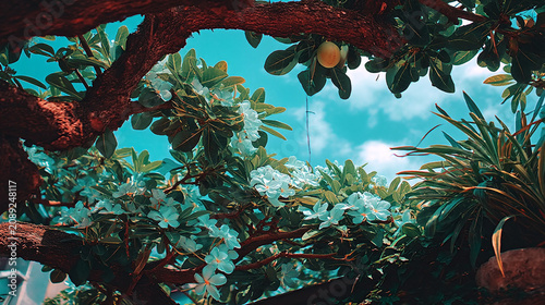 Low angle view of lush foliage and tree branches against a sunny bright sky with branches, woodland