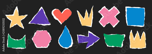 Jagged edge torn paper piece collage grunge cut out y2k shapes vector illustration set. Ripped paper collage y2k abstract frame shape text box template collection.