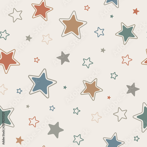 Modern seamless star pattern  featuring outline stars, hand drawn stars, thick outline stars,  minimalist geometric elements. Trendy kids repeating backgrounds for kids textiles, fabric, paper