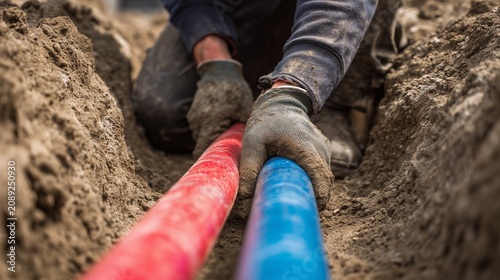 Worker installing red and blue pipe in soil trench for underground geothermal heating system and renewable energy infrastructure.